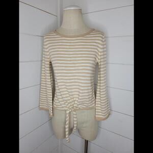 J Crew XXS tan & white striped tie up sweater with bell sleeves